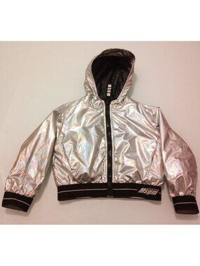 MSGM Kids Silver Metallic Jacket Size 4 with Black waistband and Logo and Hood